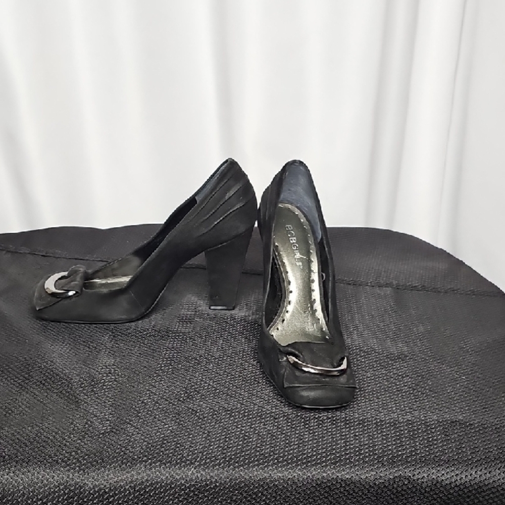 BCBGeneration Black Suede Peep Toe Heels with Silver Accent